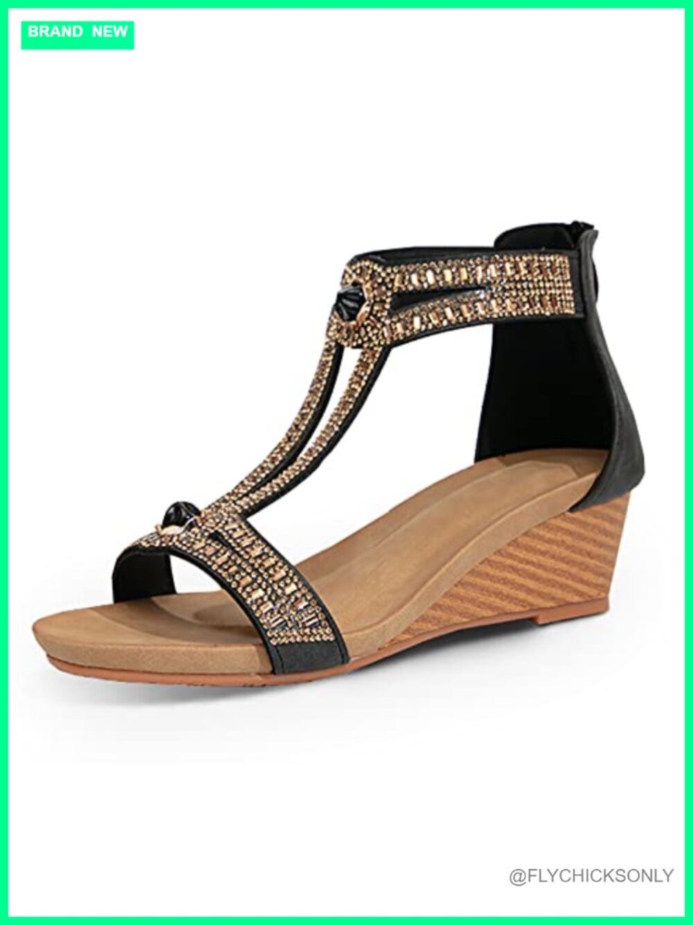 Wedge Sandals Open Toe Faux Leather Rhinestone Ankle Strap Beach